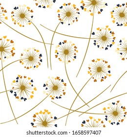 Dandelion blowing plant vector floral seamless pattern. Spring flowers with heart shaped petals. Dandelion herbs meadow flowers floral pattern design. Meadow blossom fabric print.