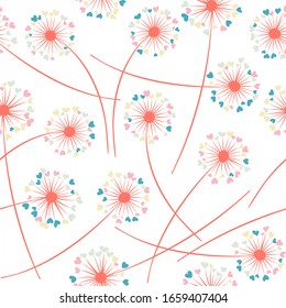 Dandelion blowing plant vector floral seamless pattern. May flowers with heart shaped fluff flying. Dandelion herbs meadow flowers floral background design. Hearts love symbols meadow blossom.