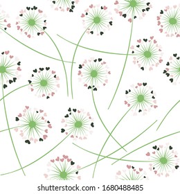 Dandelion blowing plant vector floral seamless pattern. Cute flowers with heart shaped petals. Dandelion herbs meadow flowers floral background design. Meadow blossom textile print.