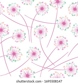 Dandelion blowing plant vector floral seamless pattern. Spring flowers with heart shaped fluff flying. Dandelion herbs meadow flowers floral pattern design. Meadow blossom textile print.