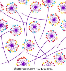 Dandelion blowing plant vector floral seamless pattern. Lovely flowers with heart shaped fluff flying. Dandelion herbs meadow flowers floral pattern design. Meadow blossom fabric print graphics.