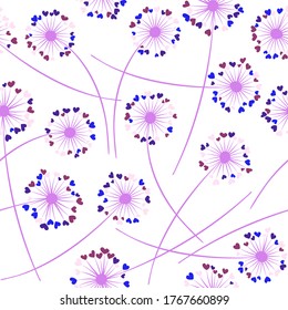 Dandelion blowing plant vector floral seamless pattern. Cute flowers with heart shaped petals. Vector dandelion herbs meadow flowers floral background. Meadow blossom textile print.