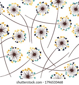 Dandelion blowing plant vector floral seamless pattern. Cute flowers with heart shaped petals. Dandelion herbs meadow flowers floral background design. Meadow blossom textile print graphics.