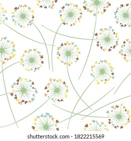 Dandelion blowing plant vector floral seamless pattern. Cute flowers with heart shaped fluff flying. Dandelion herbs meadow flowers floral pattern design. Hearts love symbols meadow blossom.