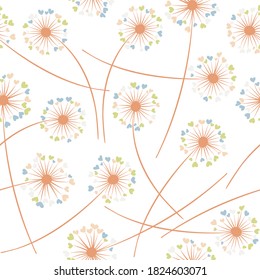 Dandelion blowing plant vector floral seamless pattern. Simple flowers with heart shaped fluff flying. Dandelion herbs meadow flowers floral pattern design. Meadow blossom textile print graphics.
