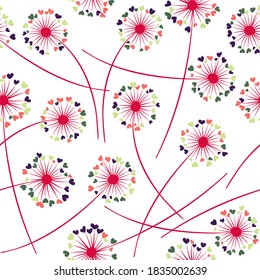 Dandelion blowing plant vector floral seamless pattern. May flowers with heart shaped petals. Vector dandelion herbs meadow flowers floral background. Meadow blossom fabric print graphics.