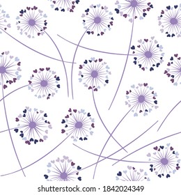Dandelion blowing plant vector floral seamless pattern. Lovely flowers with heart shaped petals. Dandelion herbs meadow flowers floral background design. Meadow blossom with hearts fuzz.