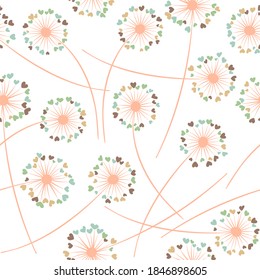 Dandelion blowing plant vector floral seamless pattern. Lovely flowers with heart shaped petals. Vector dandelion herbs meadow flowers floral background. Meadow blossom with hearts fuzz.
