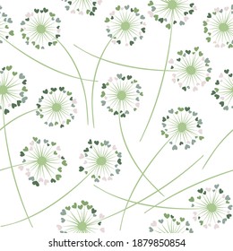 Dandelion blowing plant vector floral seamless pattern. Cute flowers with heart shaped fluff flying. Vector dandelion herbs meadow flowers floral background. Meadow blossom textile print graphics.