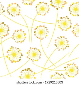 Dandelion blowing plant vector floral seamless pattern. Cute flowers with heart shaped fluff flying. Vector dandelion herbs meadow flowers floral background. Meadow blossom textile print.