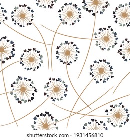 Dandelion blowing plant vector floral seamless pattern. Simple flowers with heart shaped petals. Vector dandelion herbs meadow flowers floral background. Meadow blossom fabric print.