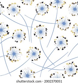 Dandelion blowing plant vector floral seamless pattern. Cute flowers with heart shaped fluff flying. Dandelion herbs meadow flowers floral background design. Meadow blossom fabric print.