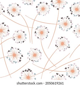 Dandelion blowing plant vector floral seamless pattern. Lovely flowers with heart shaped petals. Dandelion herbs meadow flowers floral pattern design. Hearts love symbols meadow blossom.