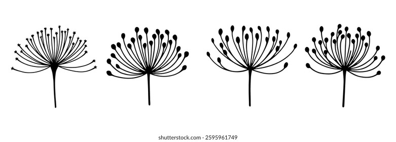 Dandelion dandelion botanical fluffy flower silhouettes. vector flat illustration set. Dandelion seeds plants silhouettes.