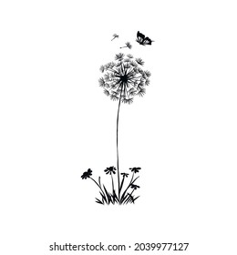 Dandelion and butterfly silhouette. Hand drawn vector clip art. 