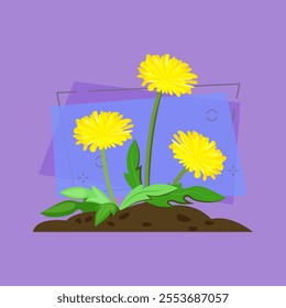 Dandelion cartoon illustration. Yellow flowers with green leaves. Spring flowers concept. Vector illustration can be used for topics like summer, herb, meadow