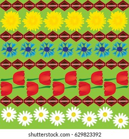 Dandelion chamomile cornflower and tulip seamless ethnic abstract pattern; 