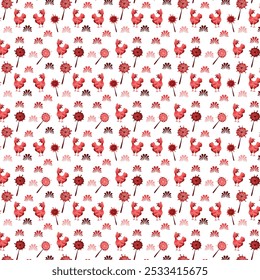 Dandelion and Chicken Pattern. Red Pattern. Dandelion Flowers on a Simple White Background. Elegant Dandelion Pattern Design. Playful Chicken Pattern Art. Vector Illustration. Red Wallpaper.