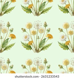 Dandelion Classic Realistic Vatercolor Botanical Seamless Vector Pattern
