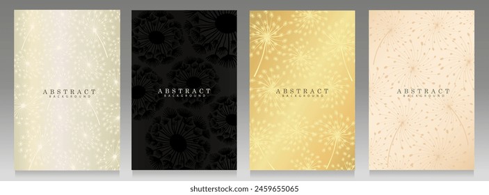 Dandelion cover set. Tarassaco flowers silhouette on platinum, pink, black ang golden background. Variety elegant floral pattern.