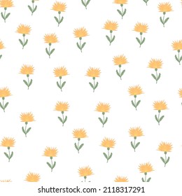 Dandelion cute seamless pattern. Hand drawn meadow background. Repeated texture in doodle style for fabric, wrapping paper, wallpaper, tissue. Vector illustration.