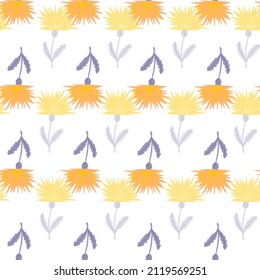 Dandelion cute seamless pattern. Hand drawn meadow background. Repeated texture in doodle style for fabric, wrapping paper, wallpaper, tissue. Vector illustration.