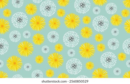 Dandelion delight. A cheerful and vibrant pattern of yellow dandelions in full bloom against a soft green bg.The bright yellow flowers and delicate white seeds create a cheerful and airy atmosphere.