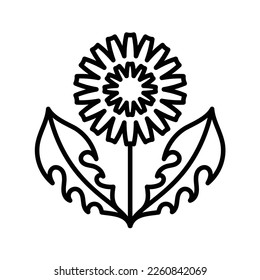 Dandelion, editable icon. Blooming flower with leaves. Garden plant, weed with large inflorescence. Perfect botanical illustration for a label, store, layout. Editable thin strokes, flat vector