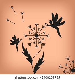 Dandelion with fairies. Trendy retro art with Summer Flower. Vector illustration can used card and postcards cover. EPS 10