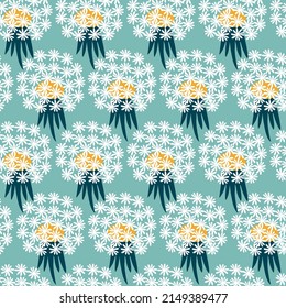 Dandelion field hand drawn vector illustration. White flowers in flat style. Floral seamless pattern.