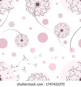 Dandelion field. Vector background, pattern. Tender flying dandelion flowers on a white. Decorative seamless pattern for wallpaper, pattern fills, web page background, textures.	