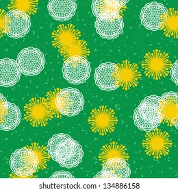 Dandelion field. Vector seamless pattern. Texture for web, print, textile, wallpaper, wrapping paper. Concept of summer, gardening, weed control, lawn care, herbal medicine, natural growth, land.