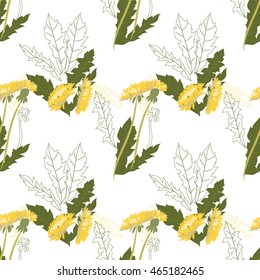 Dandelion Flower background with contour drawing. Modern abstract poster, cover, card design, textile garments, T-shirts, print, background, vector