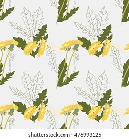Dandelion Flower background with contour drawing. Modern abstract poster, cover, card design, textile garments, T-shirts, print, background, vector