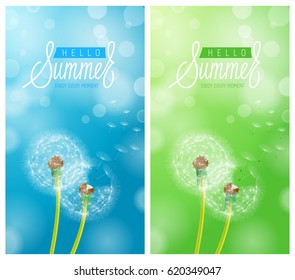 Dandelion Flower Background and Hello Summer Lettering. Vector Illustration EPS10