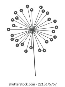 Dandelion flower in black linear style. Nature floral hand drawn stylized decorative blooming silhouette of fluffy seeds flower. Pencil sketched monochrome design element