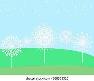 Dandelion flower and blowing of seed on green field and blue sky paper background.
