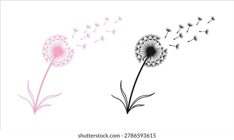 Dandelion Flower Design Bundle With Flying Seeds Silhouette