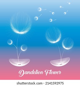 Dandelion flower with flying seeds on cloudy sky vector file.