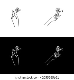 Dandelion Flower in Hand logo vector template. Concept for beauty salon, accessories, fashion, cosmetics.