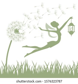dandelion flower and little green fairy with lantern, vector