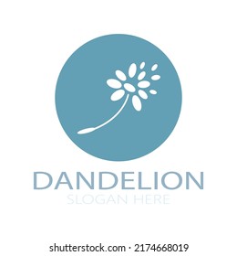 Logo de la flor de Dandelion con tallo y hojas. Uso de la ilustración de icono de diseño de concepto de vector moderno