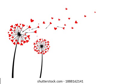 Dandelion flower made of many hearts on a white background. Concept illustration for Valentine's day. Vector graphics