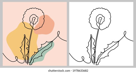 Dandelion Flower - One continuous line, single line drawing art, organic design, abstract line with random irregular shape spots and black and white version. Vector illustration for postcard or web