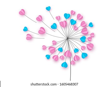 Dandelion flower with pink and blue hearts. Love concept for Valentines, Womens or Mothers day. Outline with paper cut style. Vector isolated on white.