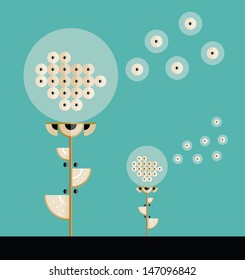 Dandelion flower with seeds in the air. Stylish flat design vector illustration with vintage colors.
