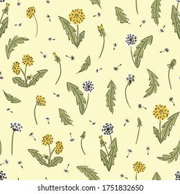 Dandelion flower and seeds vector childish seamless pattern, floral pattern, yellow flowers on yellow background. Texture for - fabric, wrapping, textile, wallpaper, apparel. 