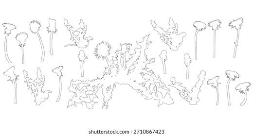 Flor de diente de león, conjunto de contornos. Ilustración vectorial.