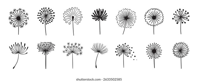Dandelion flower silhouette doodle hand drawn icon set. Outline drawing Dandelion flower silhouette line clipart symbol collection. Vector illustration