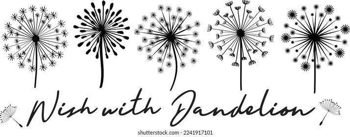 Dandelion flower silhouette graphic with text on a white background.